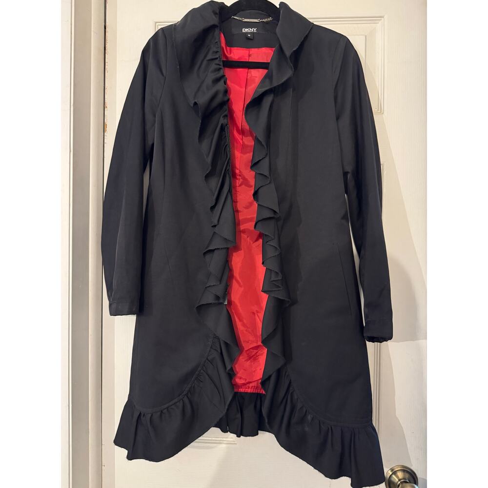 DKNY Black Ruffle Trim Front Zip Trench Coat Jacket Red Lining Medium - Picture 3 of 4